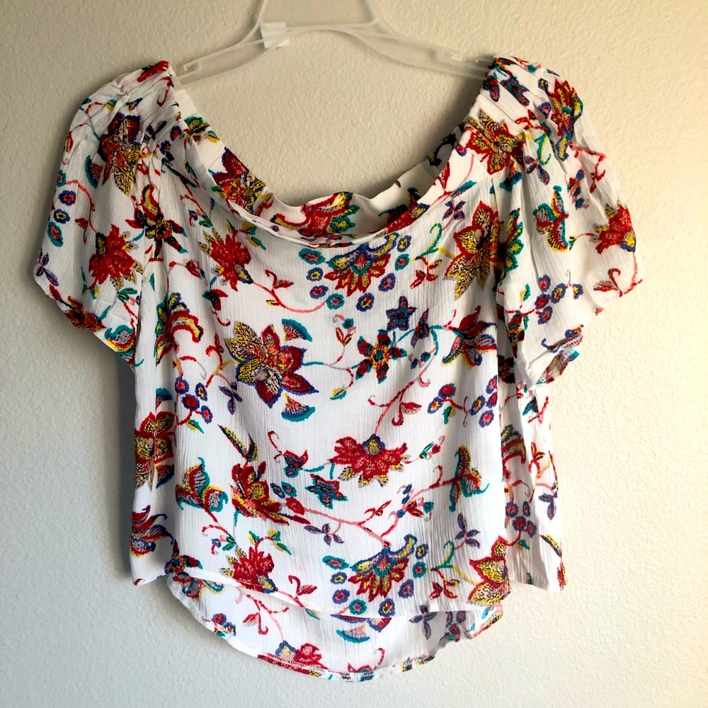 Off shoulder white color - floral print short top.